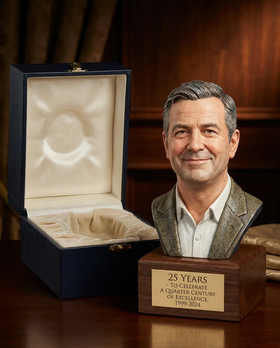 Portrait sculpture with an engraved plaque marking a milestone