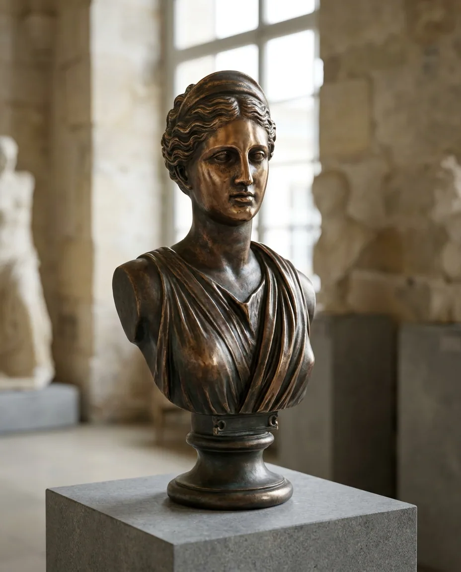 Classic bronze-effect display bust on a stone plinth