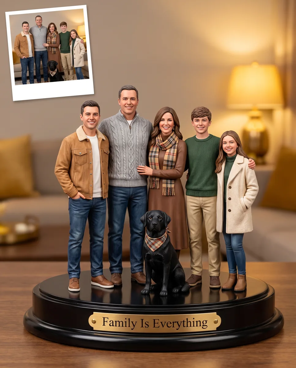 Hand-painted family sculpture with their dog on a black base beside the original family photograph
