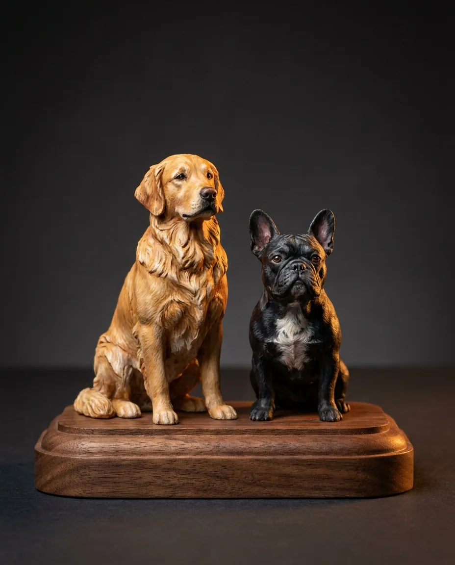 Two dog sculptures sharing one walnut base