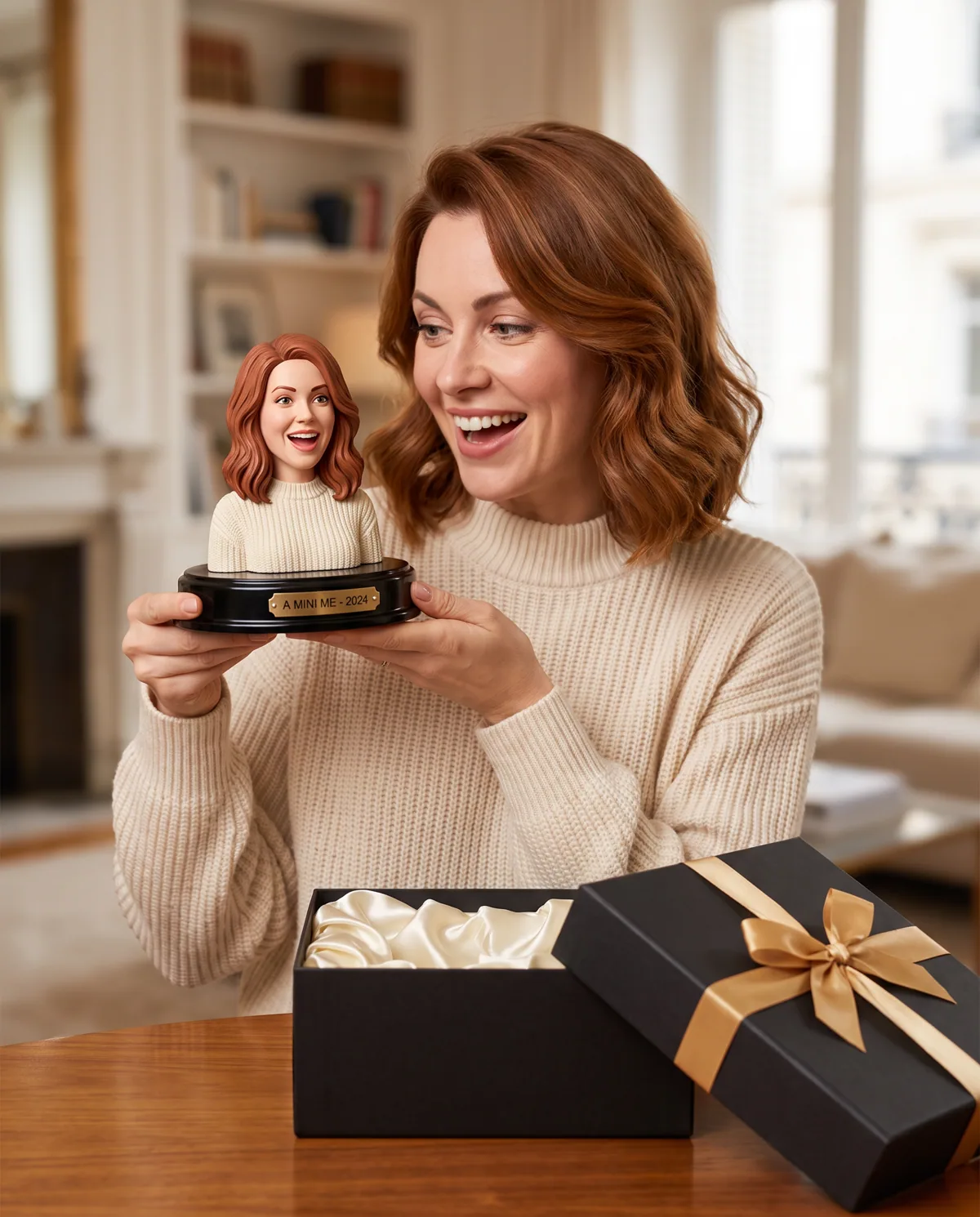 Client holding the hand-painted sculpture made from her photo — an exact miniature of herself
