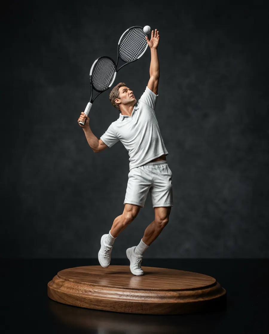 Hand-painted tennis figurine mid-serve on a wooden base