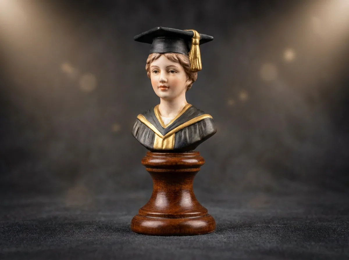 Graduation portrait bust wearing a cap and gown. Bust in cap and gown, 8″ (20 cm), hand-painted trim