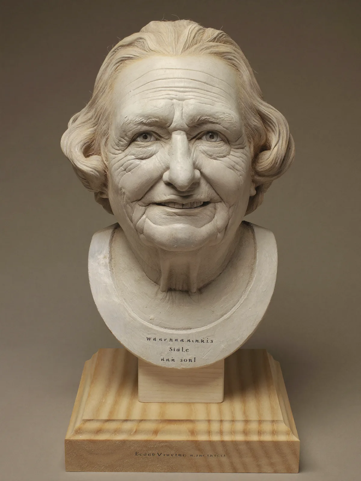 Memorial portrait bust in a restrained matte finish on an oak base. Bust, 9.5″ (24 cm), restrained matte finish, oak base