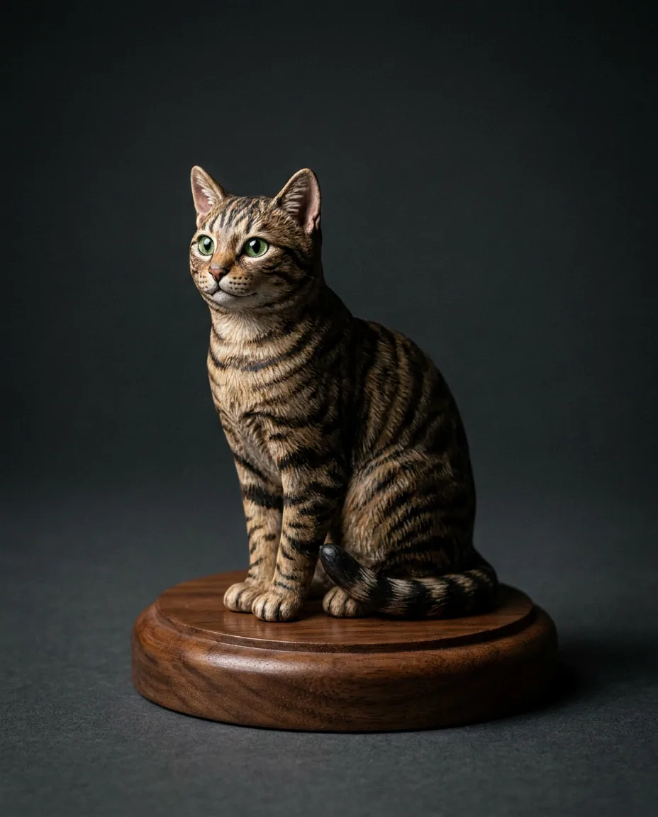 Seated cat sculpture with hand-painted markings