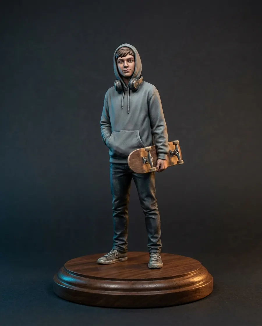 Hand-painted figurine of a teenager in everyday clothing