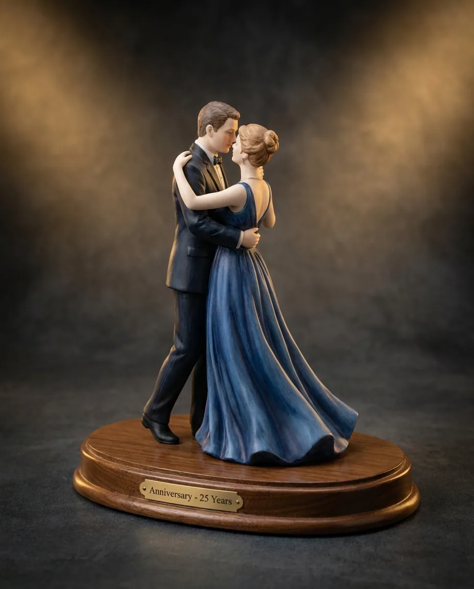 Two-figure anniversary sculpture on a shared walnut base