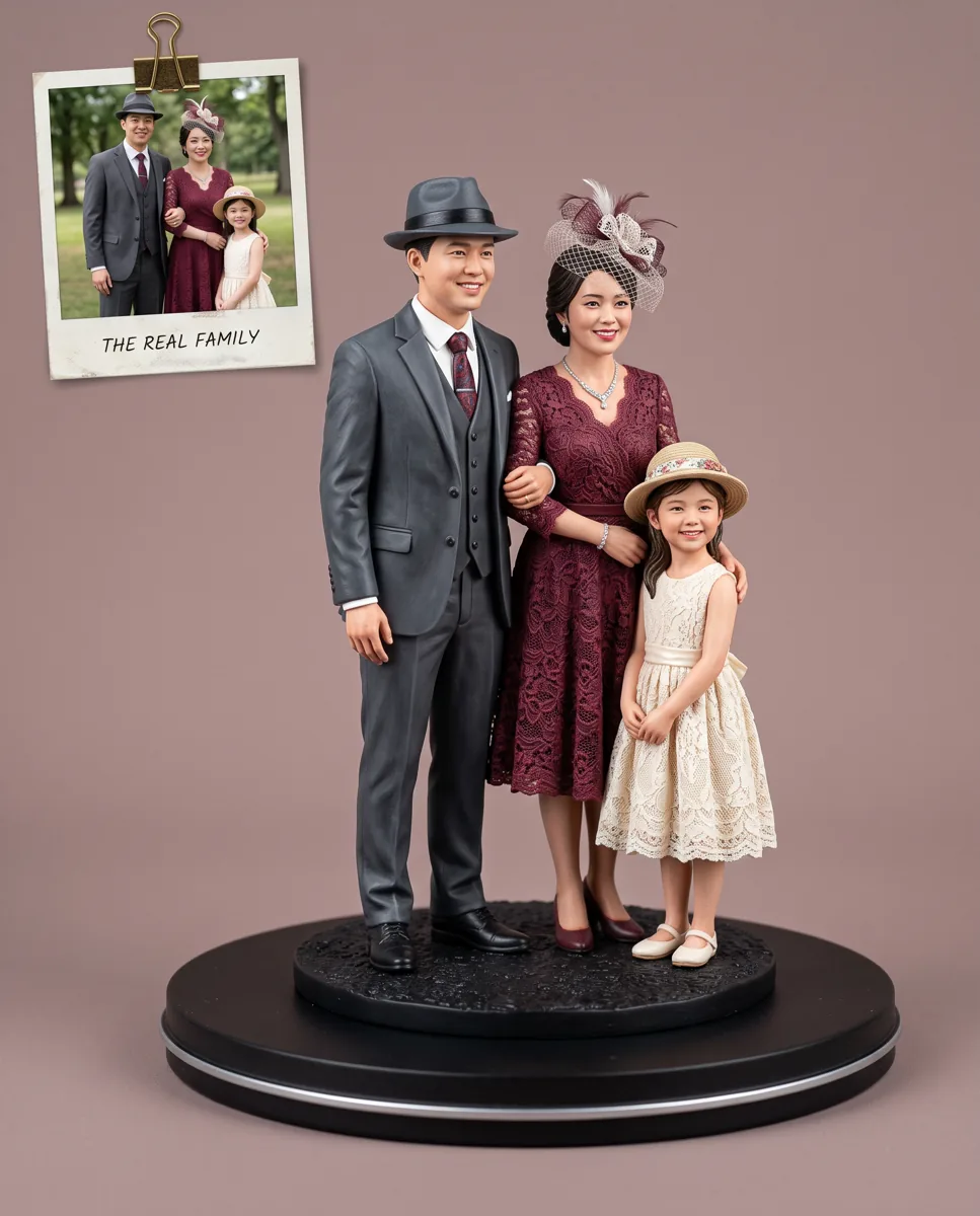 Three hand-painted figurines on a black base beside the original photograph of the three friends they were sculpted from