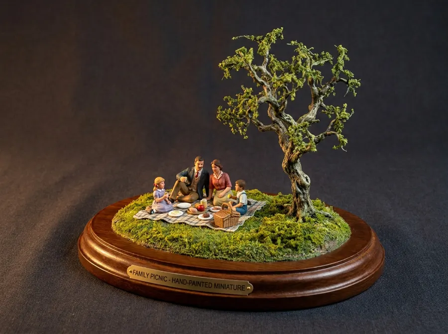 Multi-figure diorama of a family picnic scene, hand-painted