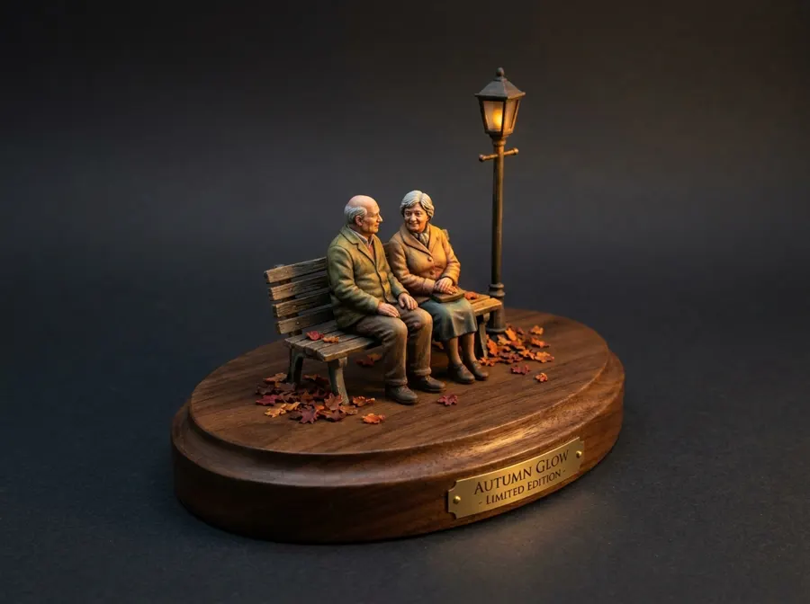 Two figures seated together on a sculpted bench scene