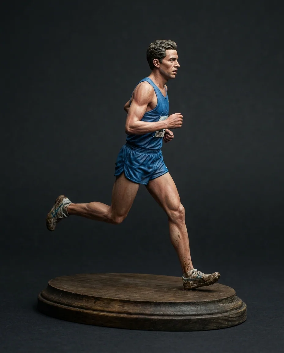 Figurine of a runner mid-stride painted in athletic kit