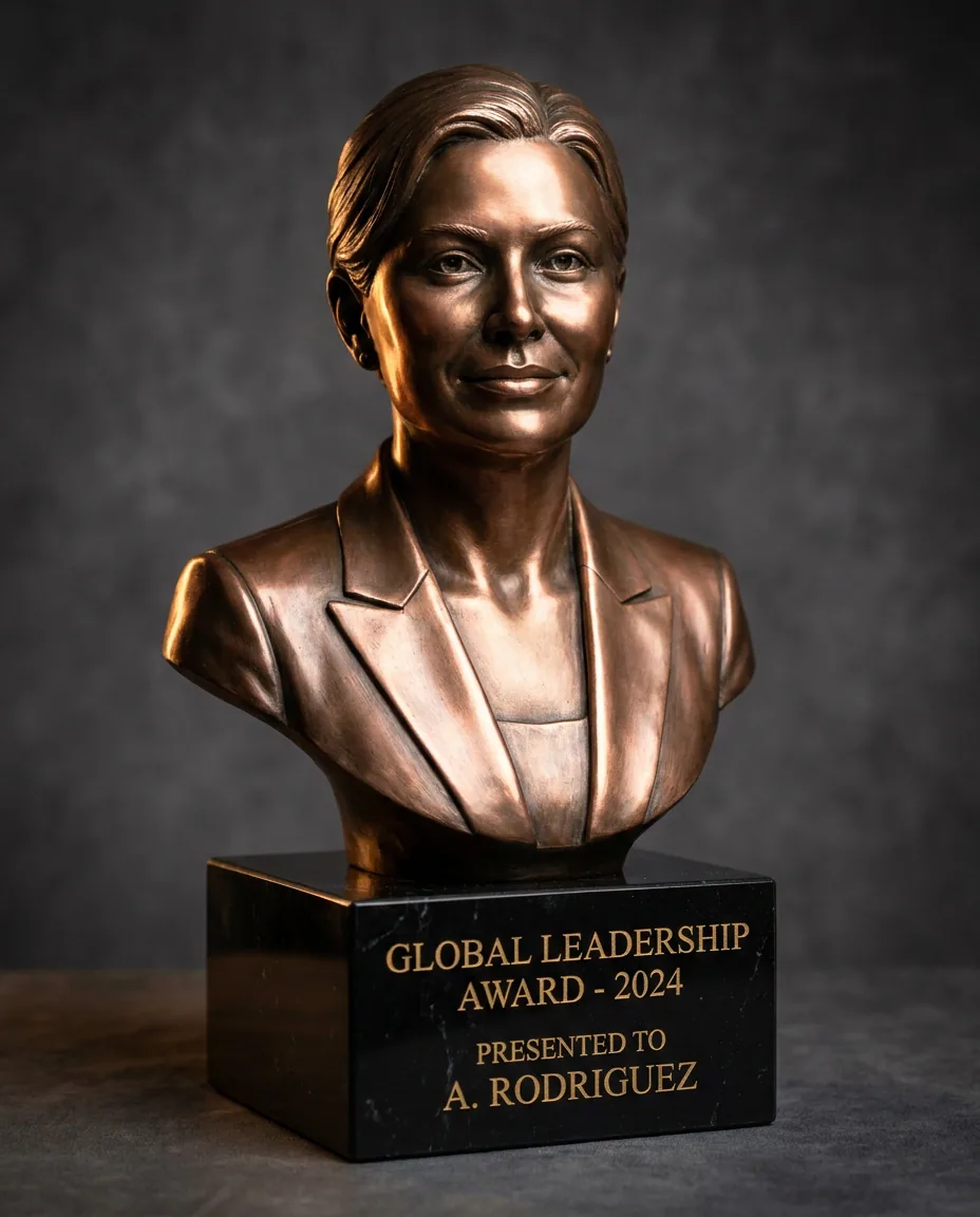 Bronze-effect portrait bust on an engraved marble base. Bronze-effect bust, 9″ (22 cm), engraved black marble base