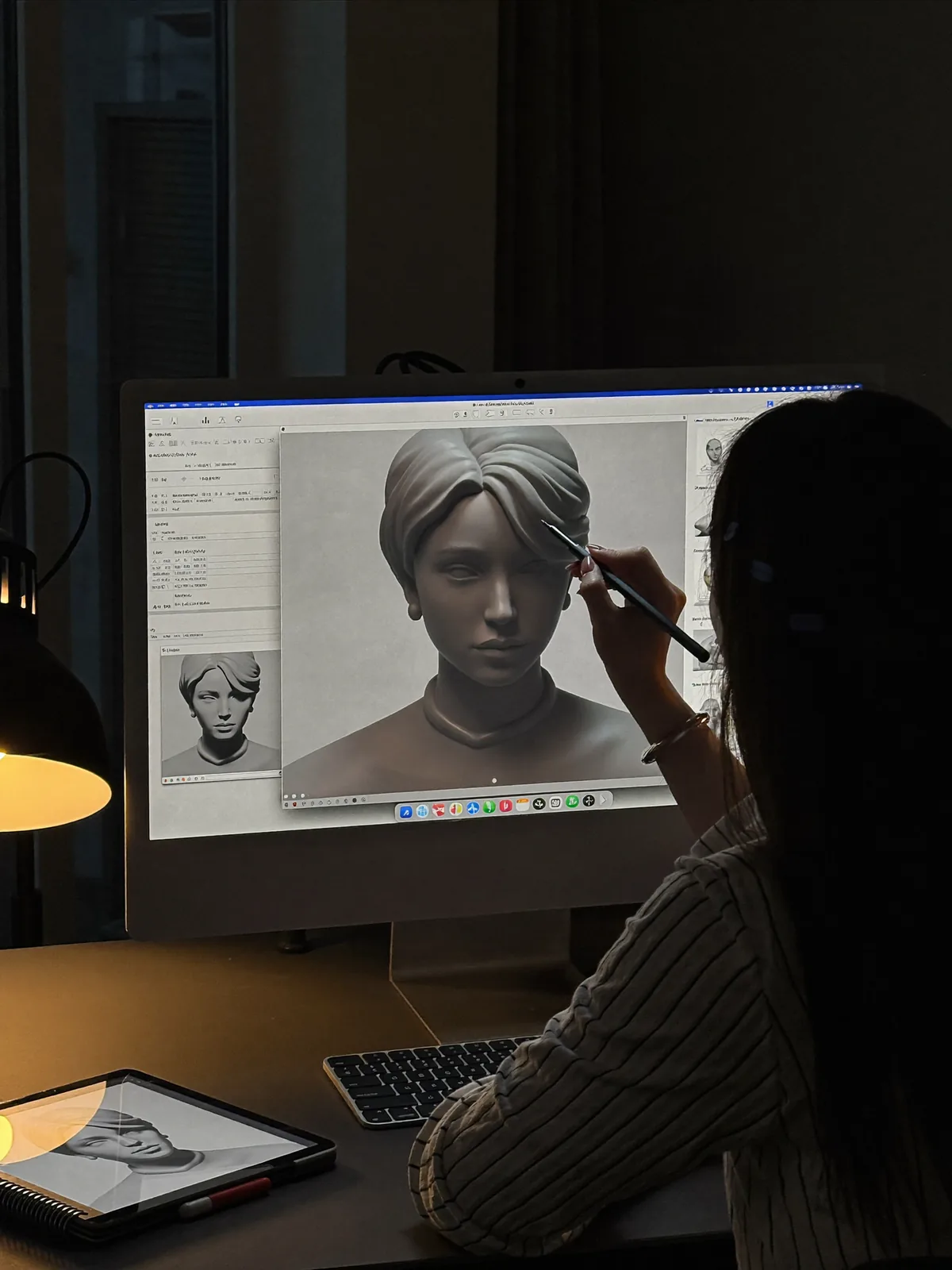 Sculptor shaping a digital portrait model on a studio screen