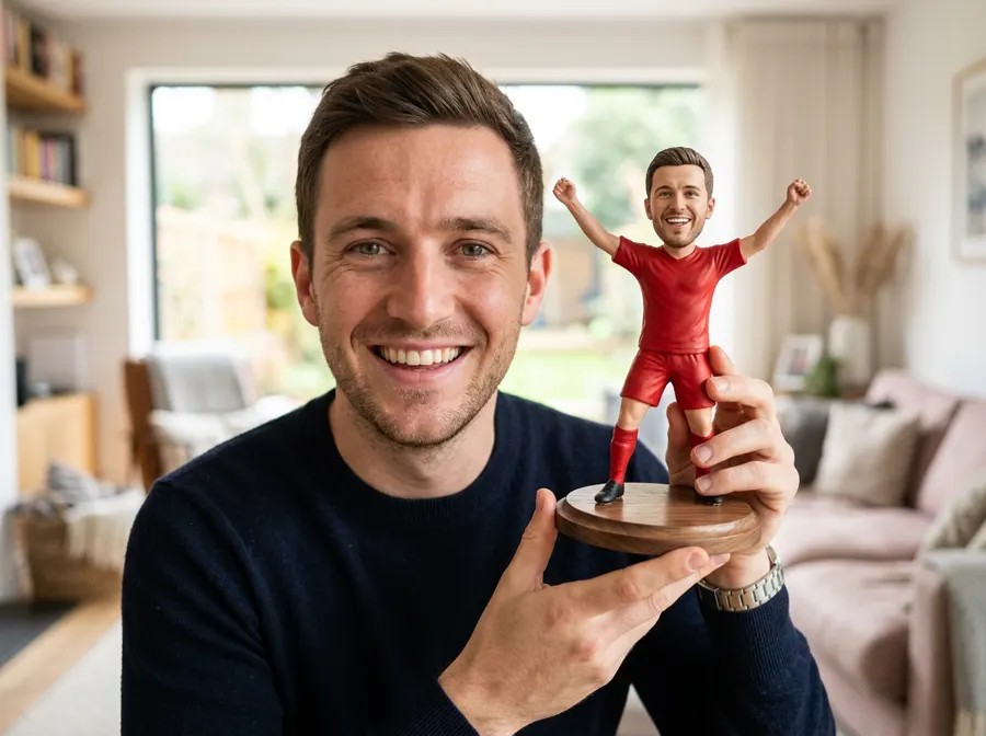 Man holding a figurine of himself in a plain red football kit