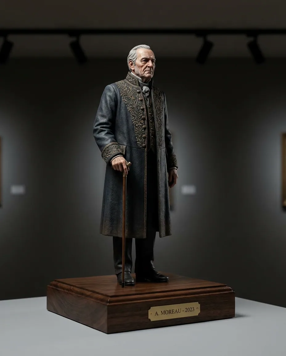 Large-format collector sculpture displayed on a plinth. Large format, 16.5″ (42 cm), 30+ painting hours, signed by the artist