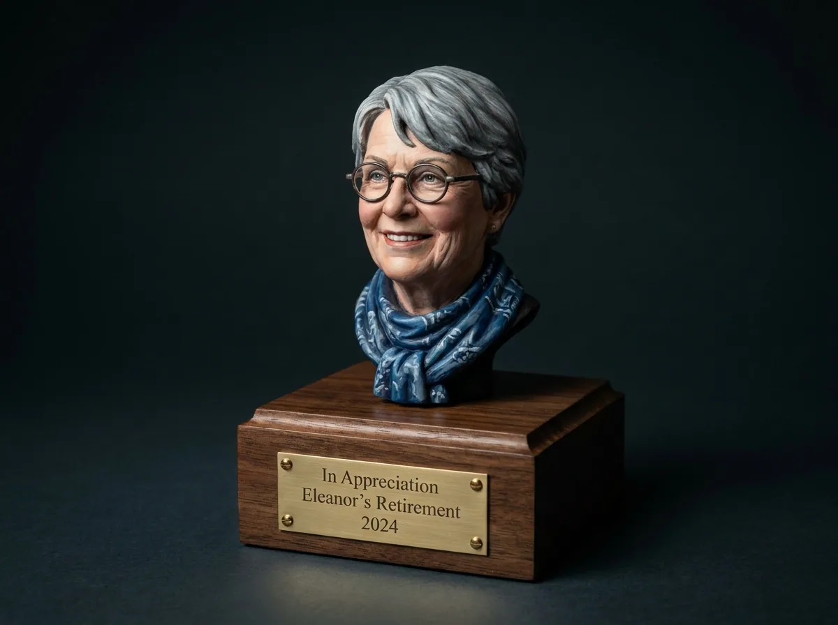 Retirement gift portrait bust with a hand-lettered plaque. Bust with hand-lettered plaque, 8″ (20 cm), 11 painting hours